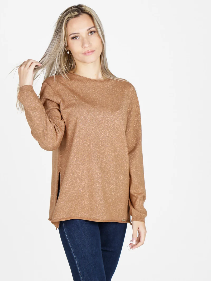 Maglia donna in lurex con spacchi laterali - cammello