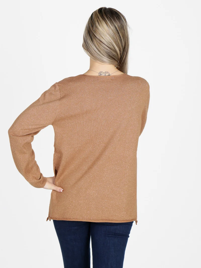 Maglia donna in lurex con spacchi laterali - cammello