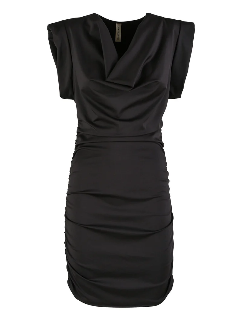 Vestito drappeggiato da donna a maniche corte con spalle imbottite - nero