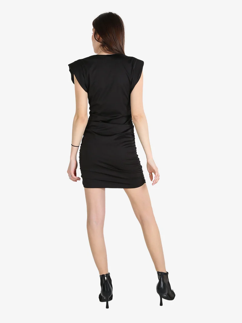 Vestito drappeggiato da donna a maniche corte con spalle imbottite - nero