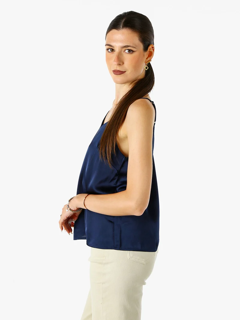 Top donna effetto raso con spalline strette - blu scuro