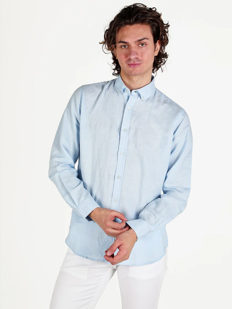 Camicia da uomo in misto lino a maniche lunghe - azzurro