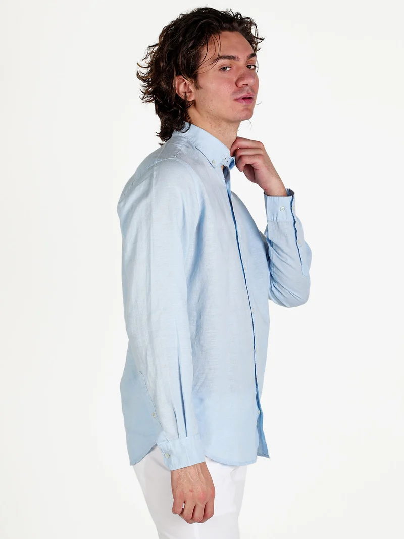 Camicia da uomo in misto lino a maniche lunghe - azzurro