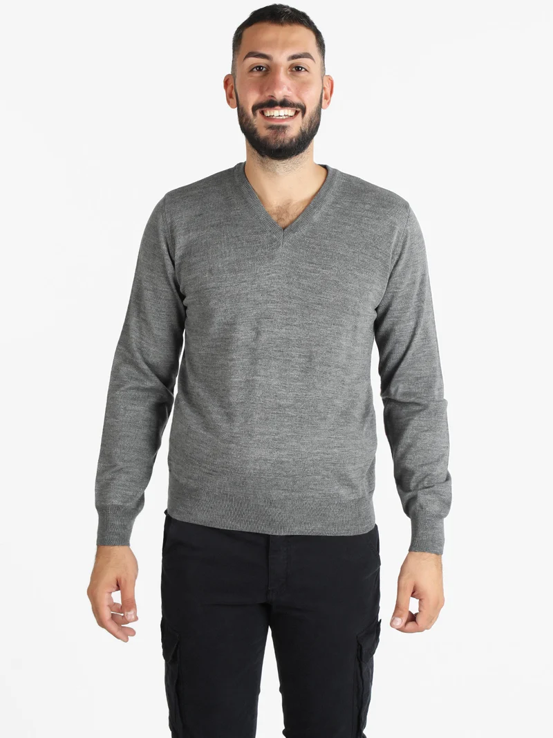 Pullover da uomo misto lana con scollo a V - grigio