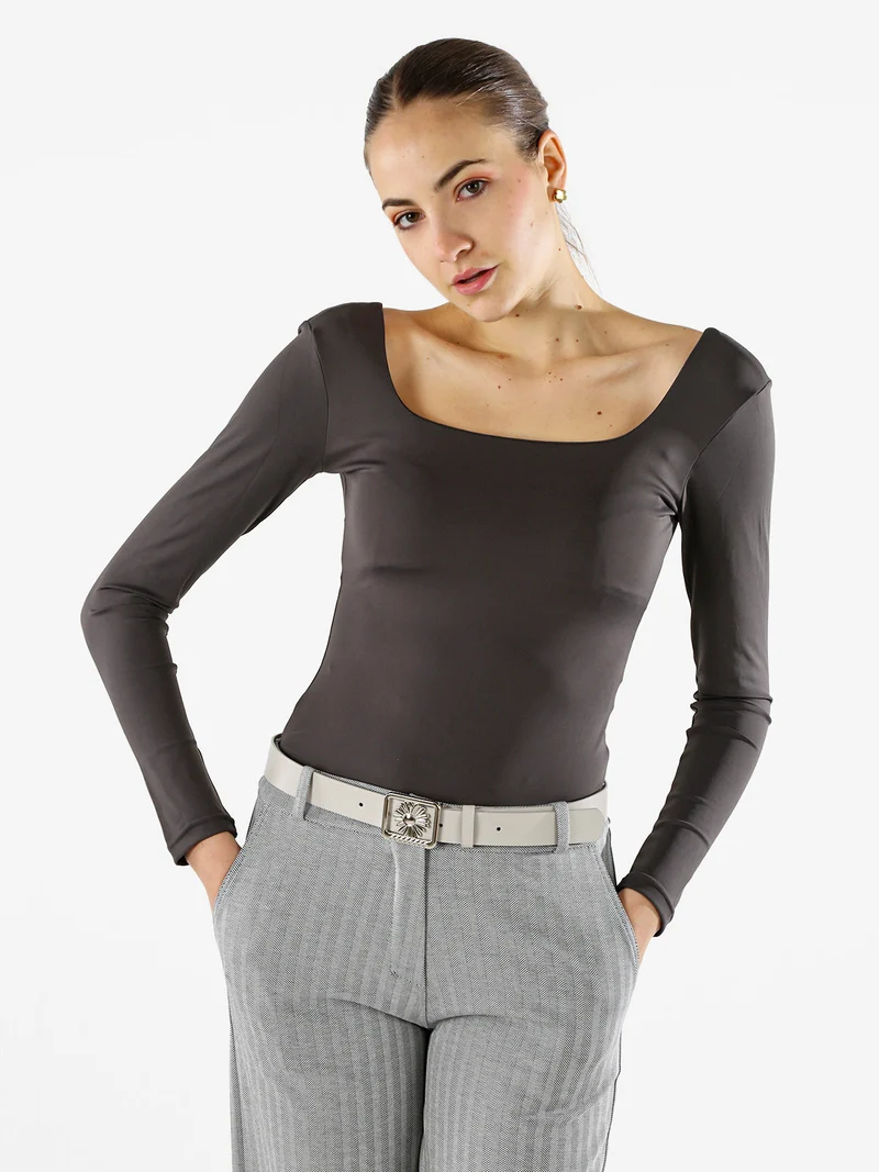 Top body donna a maniche lunghe con scollo davanti e dietro - grigio scuro