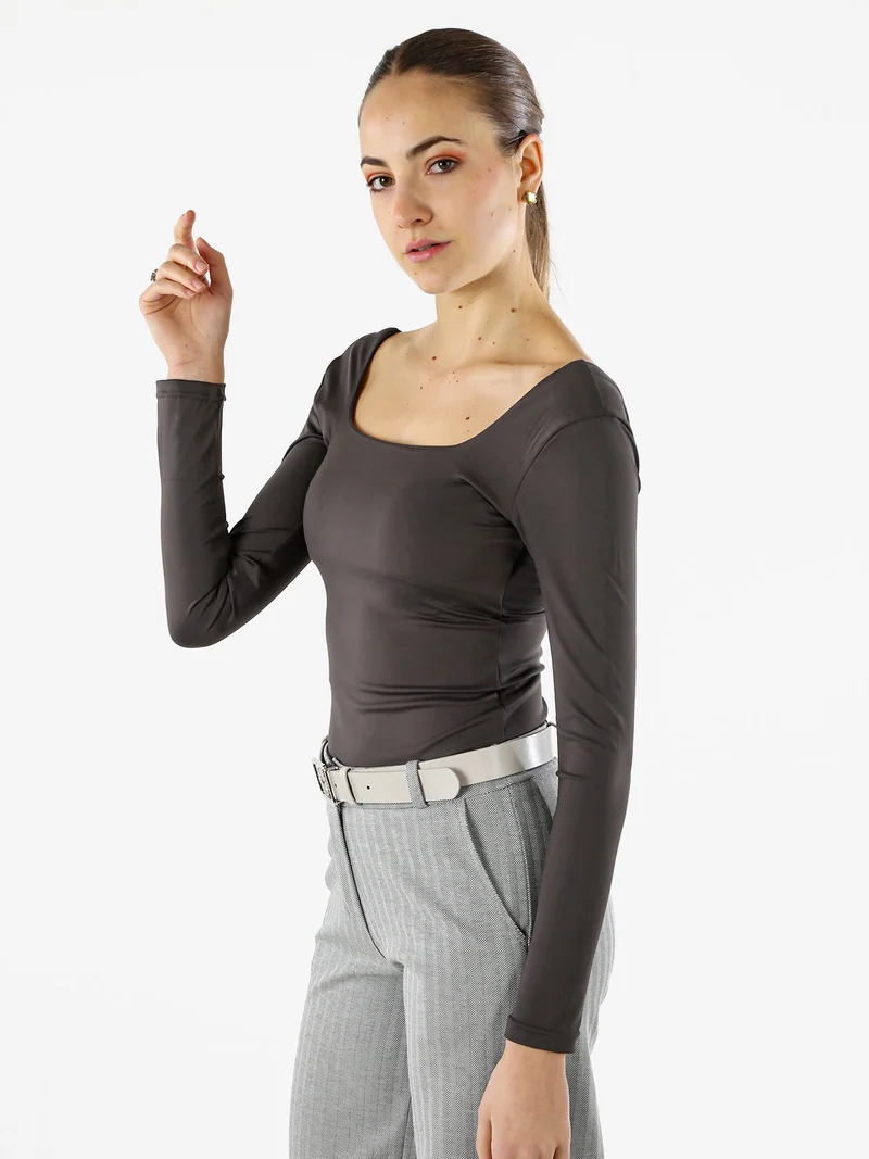 Top body donna a maniche lunghe con scollo davanti e dietro - grigio scuro