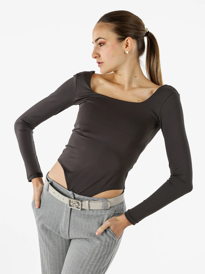 Top body donna a maniche lunghe con scollo davanti e dietro - grigio scuro
