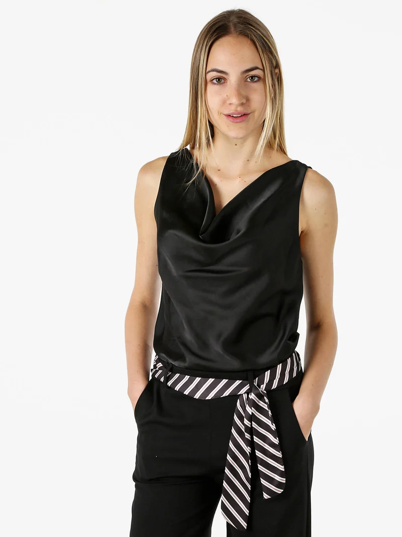 Top donna effetto raso con scollo a cascata - nero