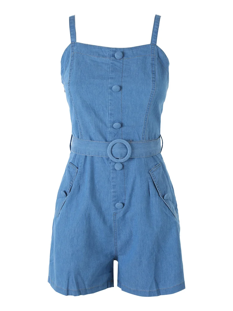 Tuta jumpsuite da donna in jeans con cintura - blu