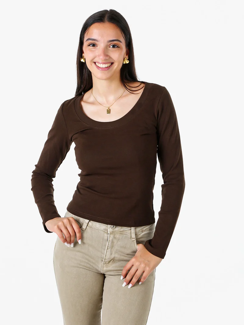 T-shirt a maniche lunghe da donna in cotone - marrone