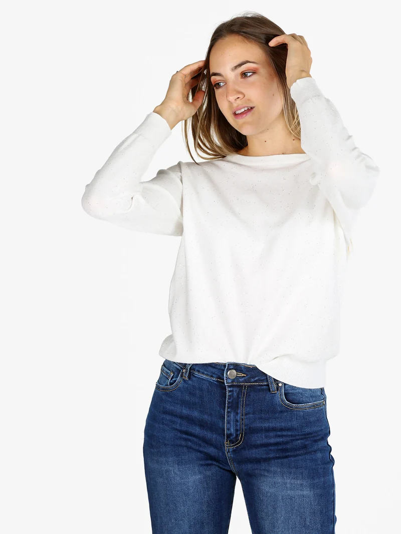 Pullover donna girocollo con strass - bianco