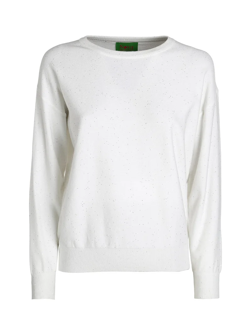 Pullover donna girocollo con strass - bianco