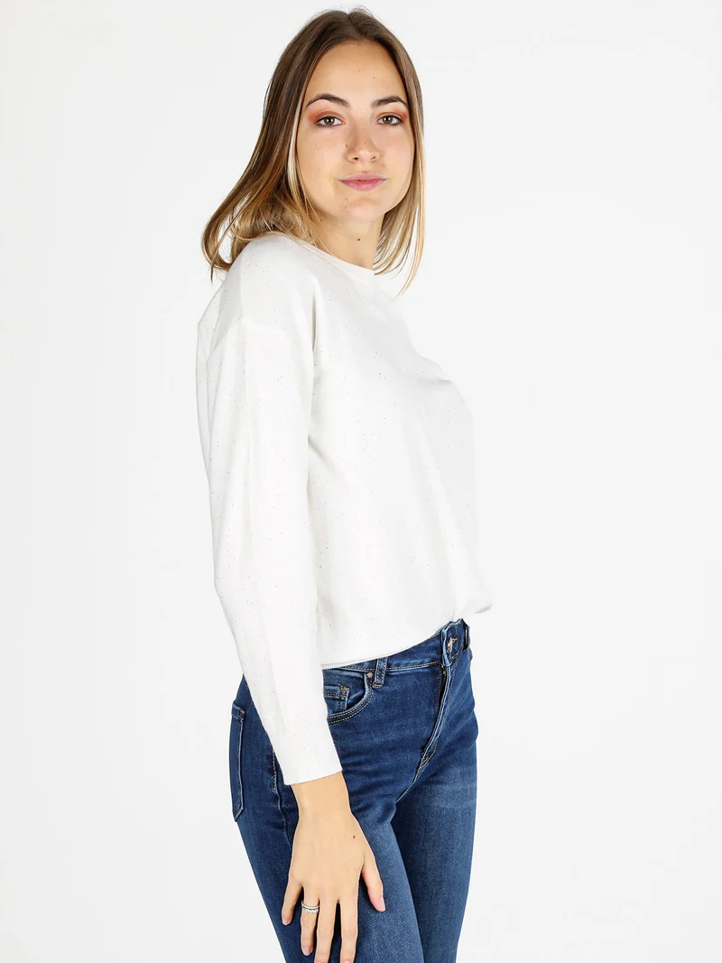 Pullover donna girocollo con strass - bianco