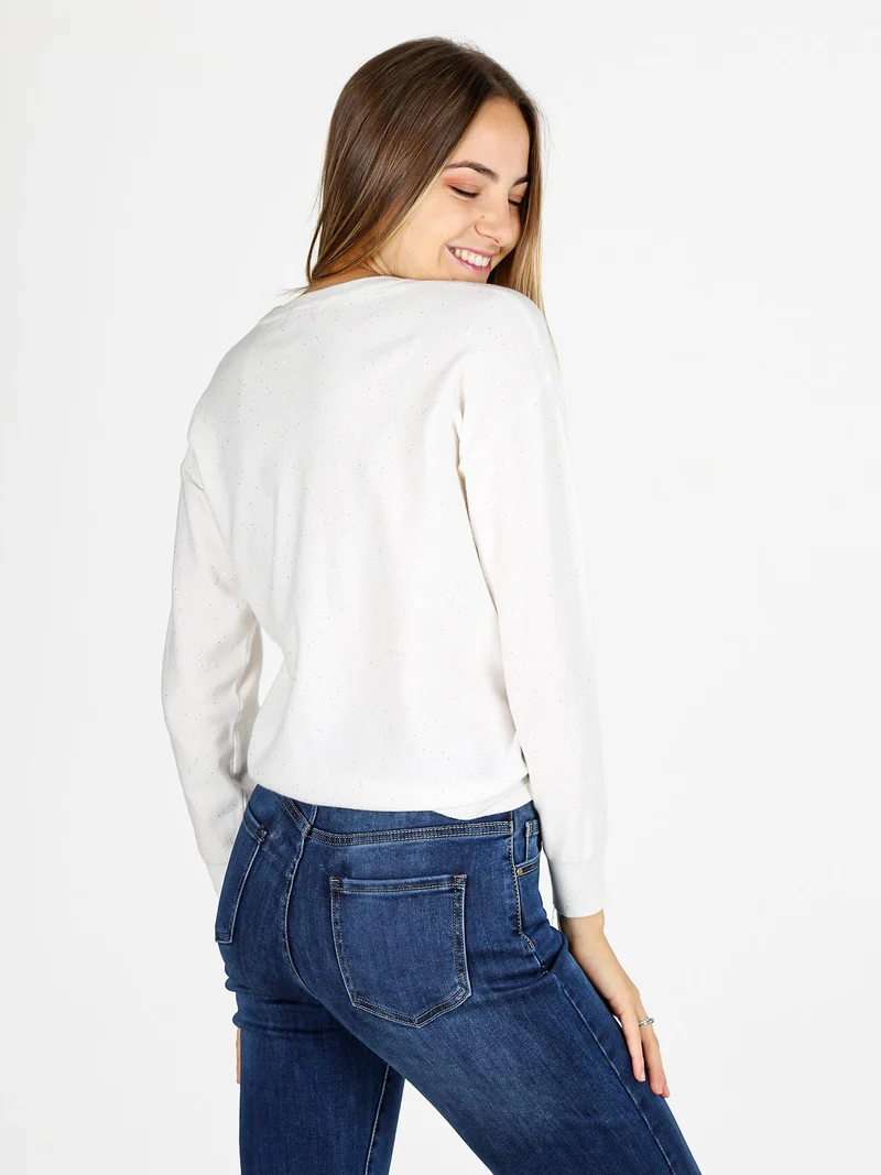 Pullover donna girocollo con strass - bianco