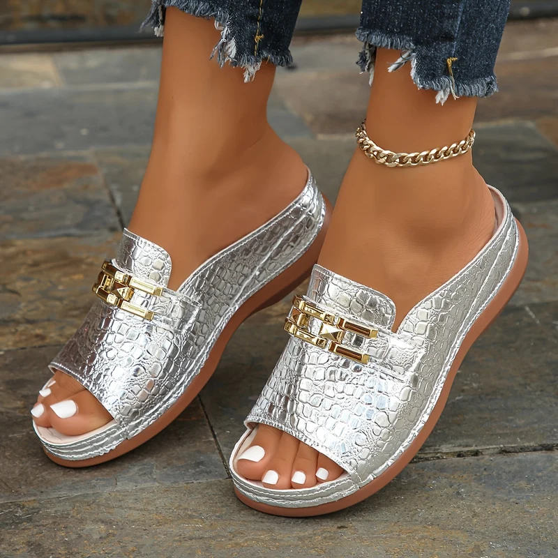 Damen Keilsandalen | Ergonomische Komfortsohle | Dekorativer Kettenbesatz | Elegant & Bequem für Sommer