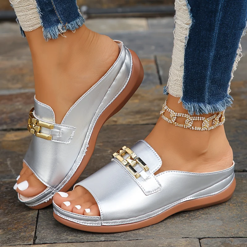 Damen Keilsandalen | Ergonomische Komfortsohle | Dekorativer Kettenbesatz | Elegant & Bequem für Sommer