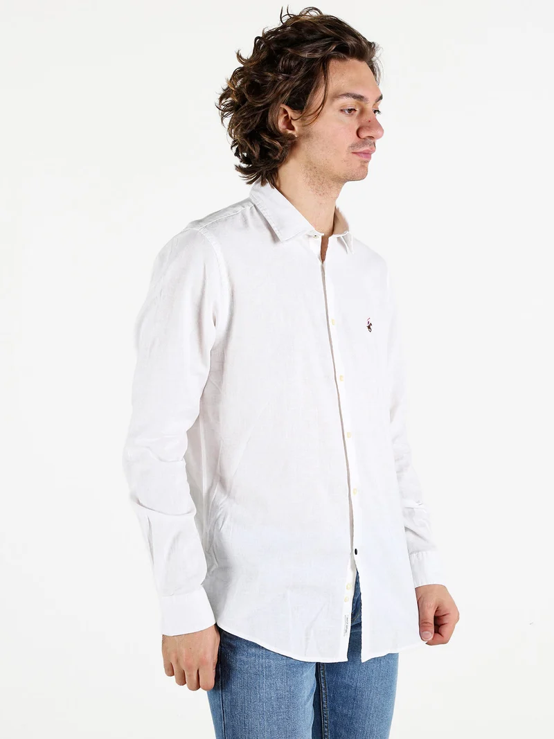 Camicia da uomo in misto lino e cotone a maniche lunghe - bianco