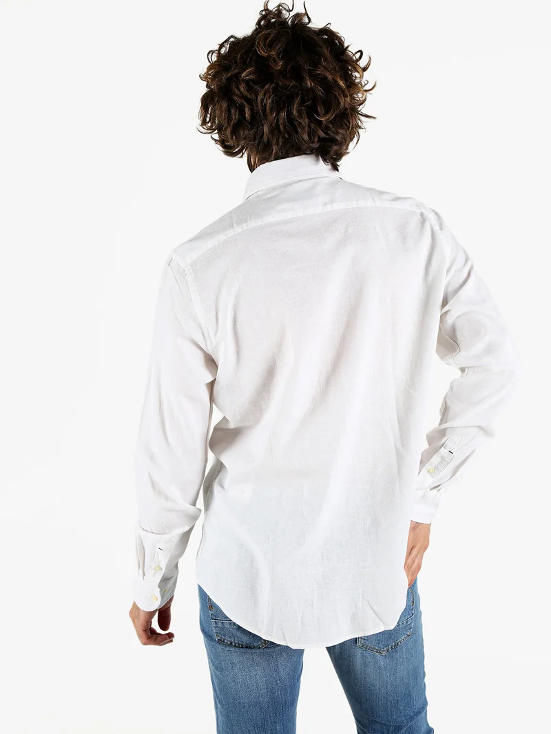 Camicia da uomo in misto lino e cotone a maniche lunghe - bianco