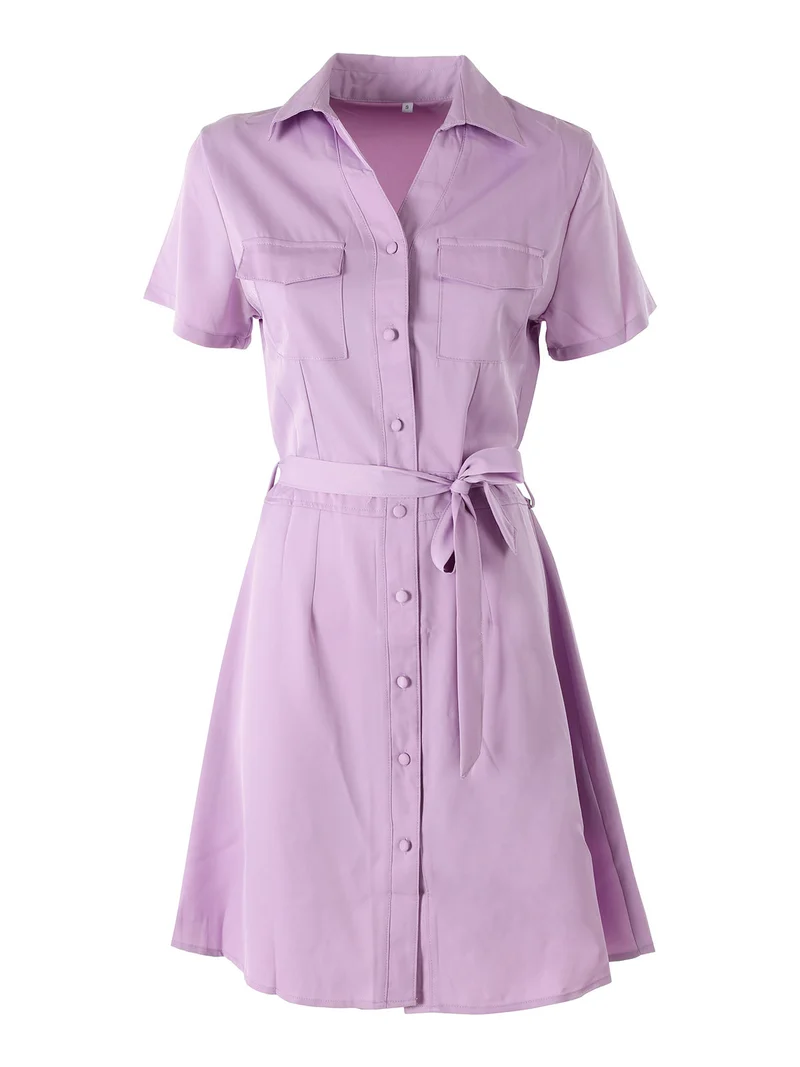 Abito a camicia da donna con maniche corte e bottoni - lilla