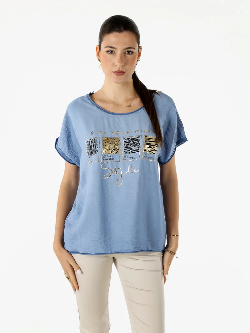 T-shirt donna in misto cotone con maniche a pipistrello e micro borchie - blu
