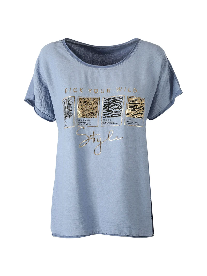 T-shirt donna in misto cotone con maniche a pipistrello e micro borchie - blu