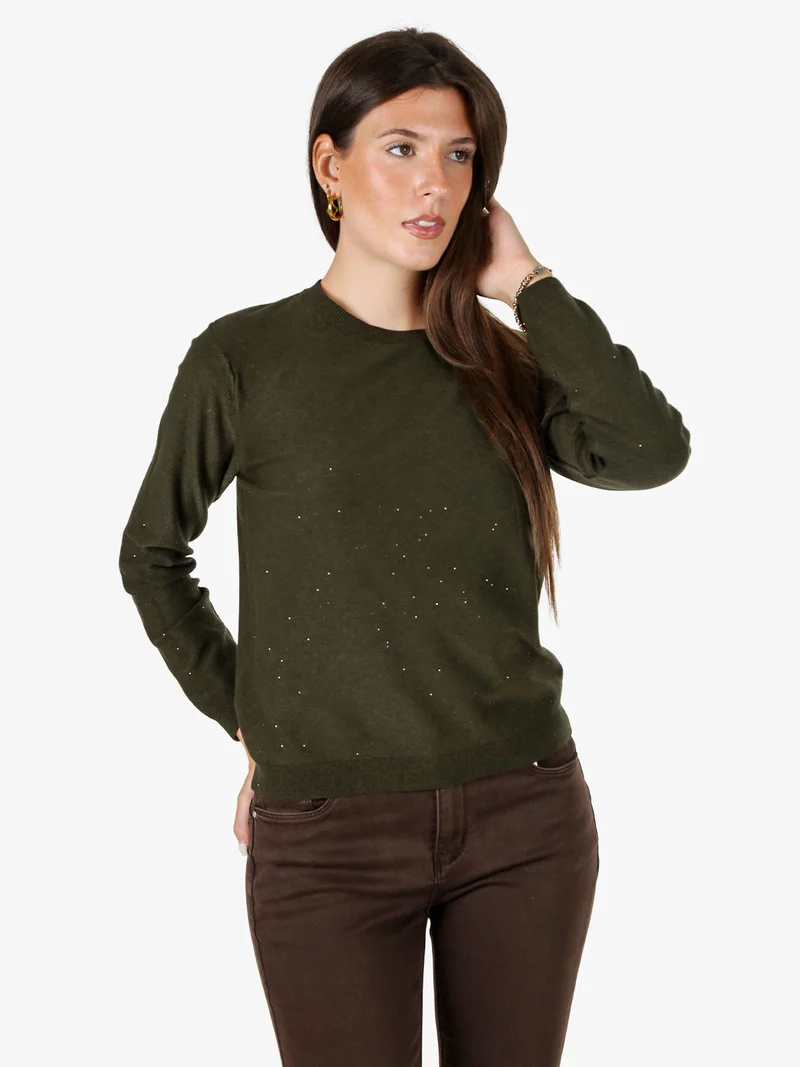 Maglia girocollo da donna con mini paillettes - militare