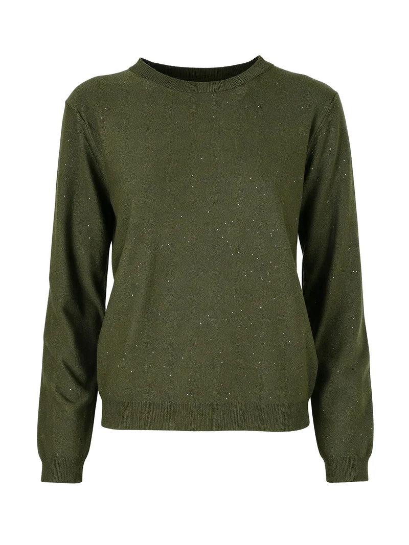 Maglia girocollo da donna con mini paillettes - militare