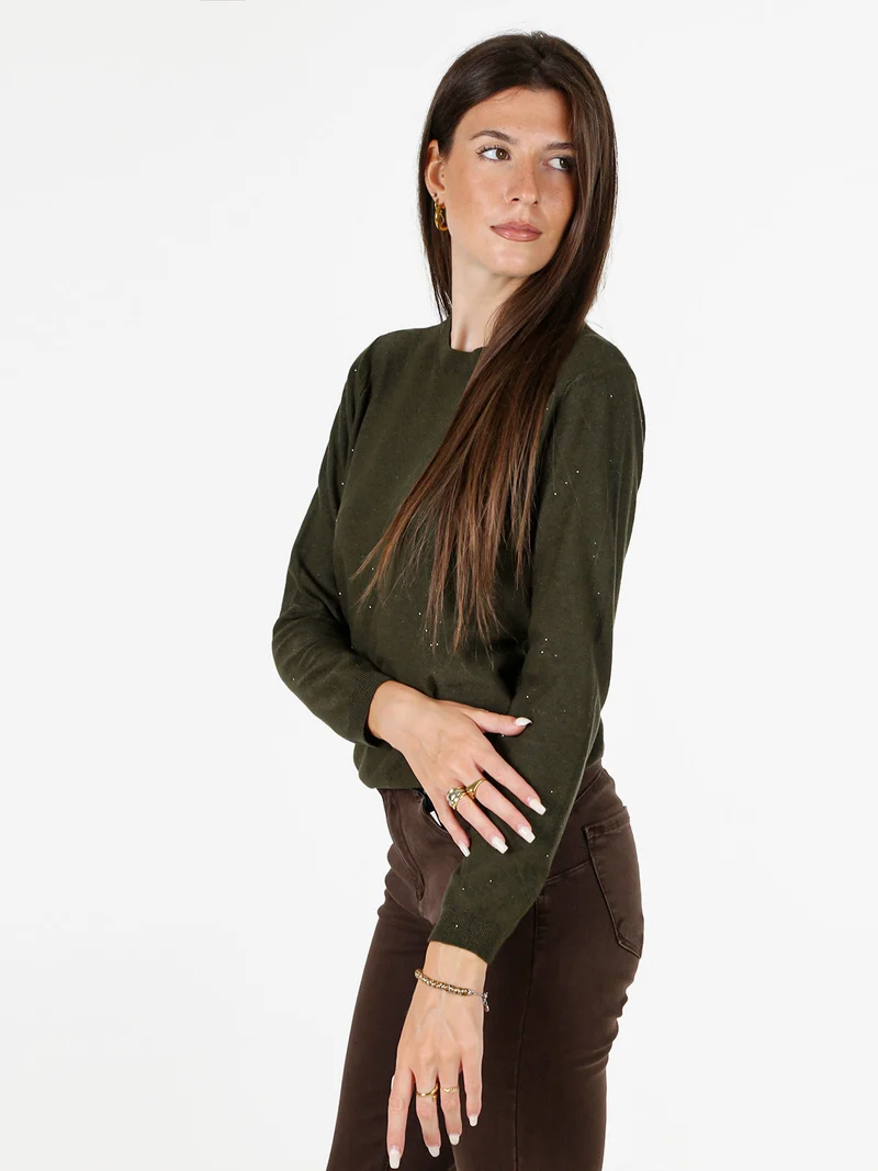 Maglia girocollo da donna con mini paillettes - militare