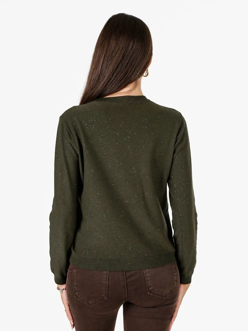 Maglia girocollo da donna con mini paillettes - militare