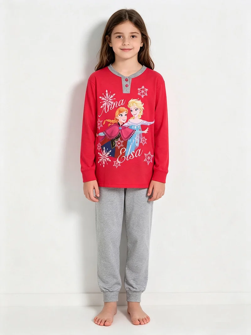 Pigiama lungo da bambina in cotone Elsa e Anna - fucsia