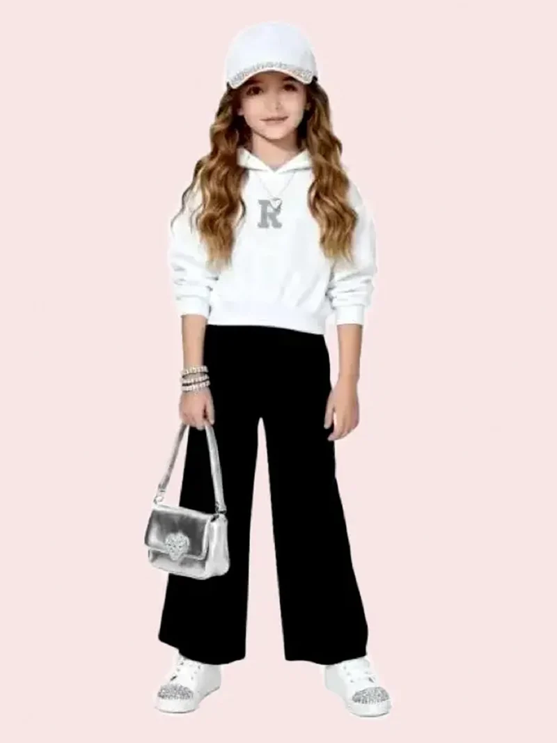 Completo tuta 2 pezzi con cappuccio e strass a gamba larga - bianco