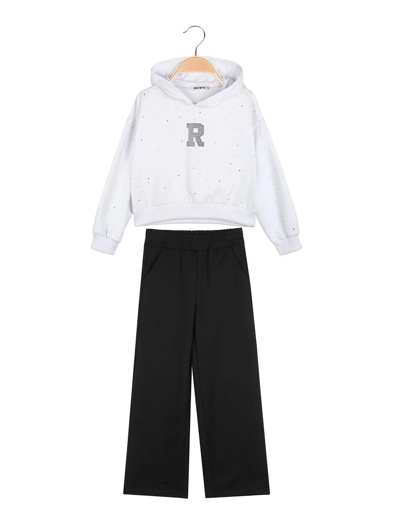 Completo tuta 2 pezzi con cappuccio e strass a gamba larga - bianco