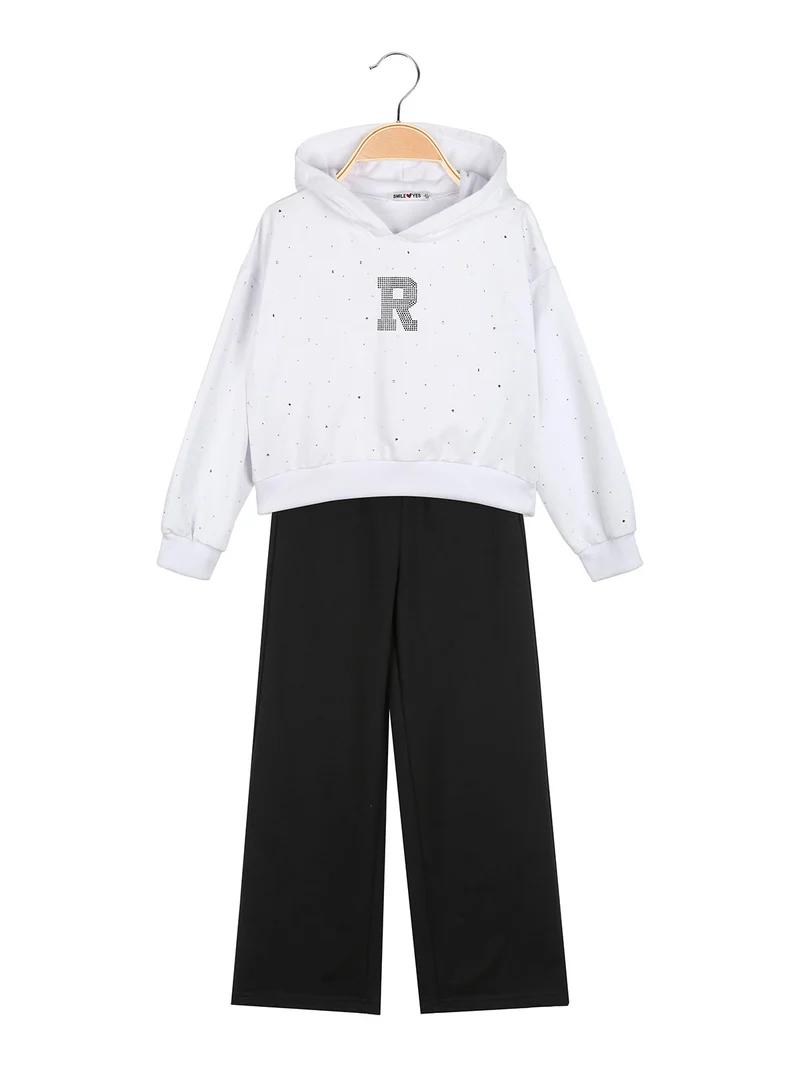 Completo tuta 2 pezzi con cappuccio e strass a gamba larga - bianco
