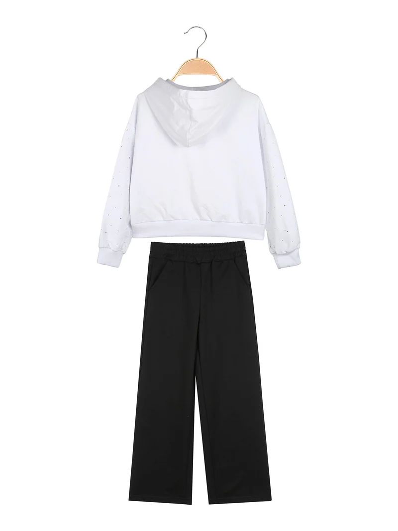 Completo tuta 2 pezzi con cappuccio e strass a gamba larga - bianco