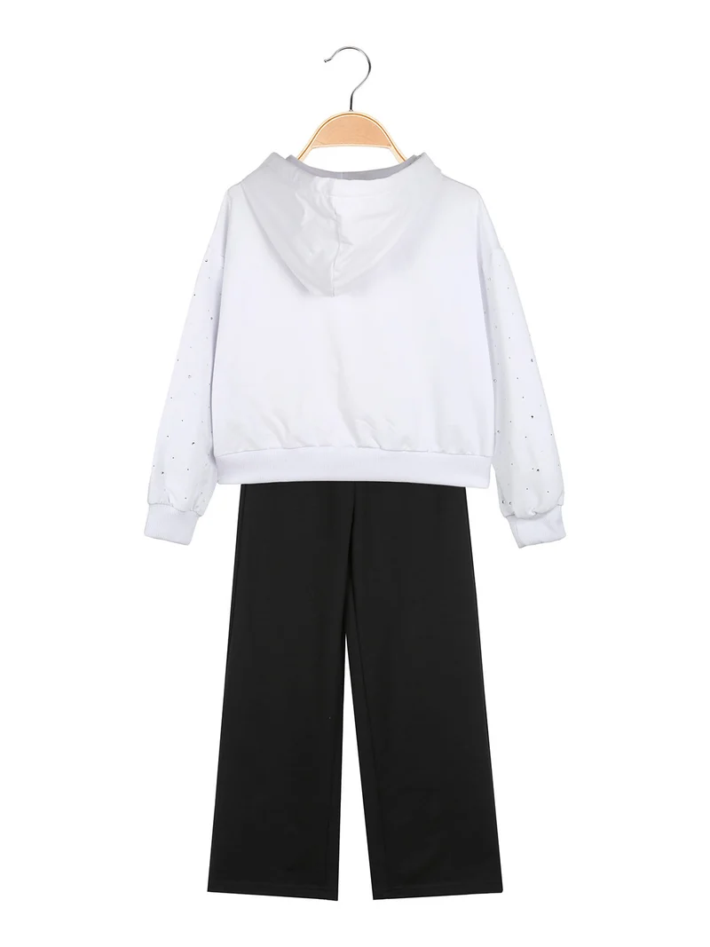 Completo tuta 2 pezzi con cappuccio e strass a gamba larga - bianco