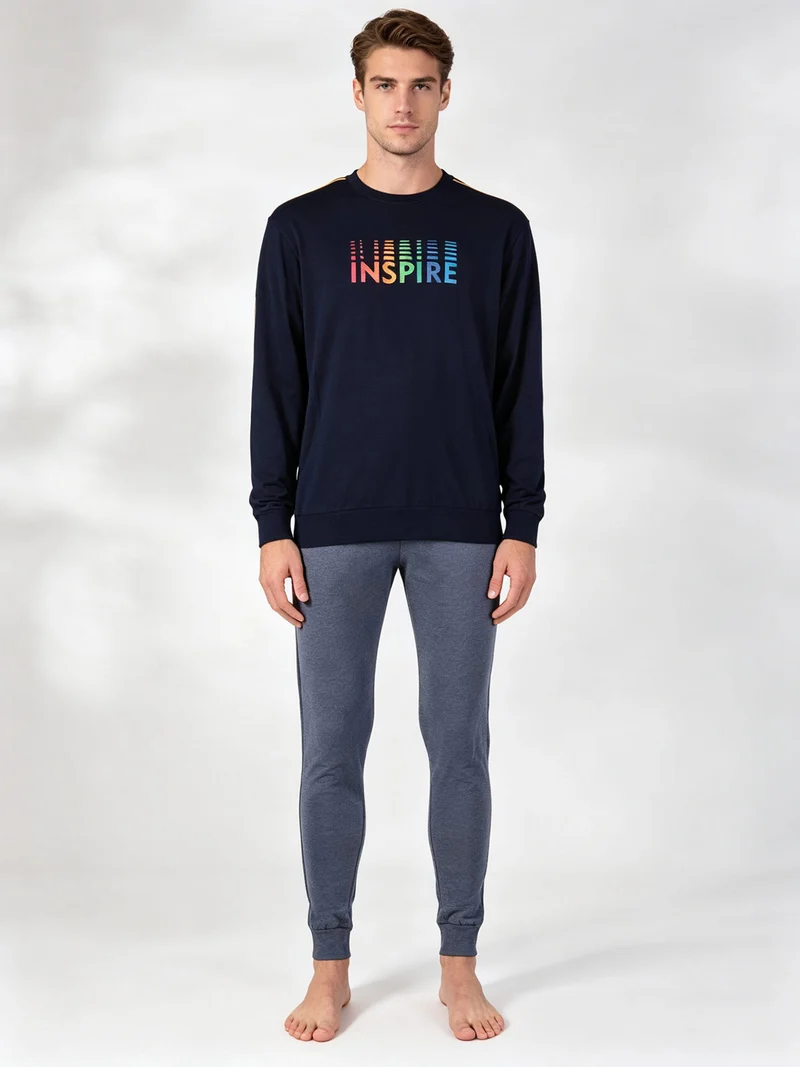 Pigiama lungo da uomo in misto cotone jersey - blu scuro