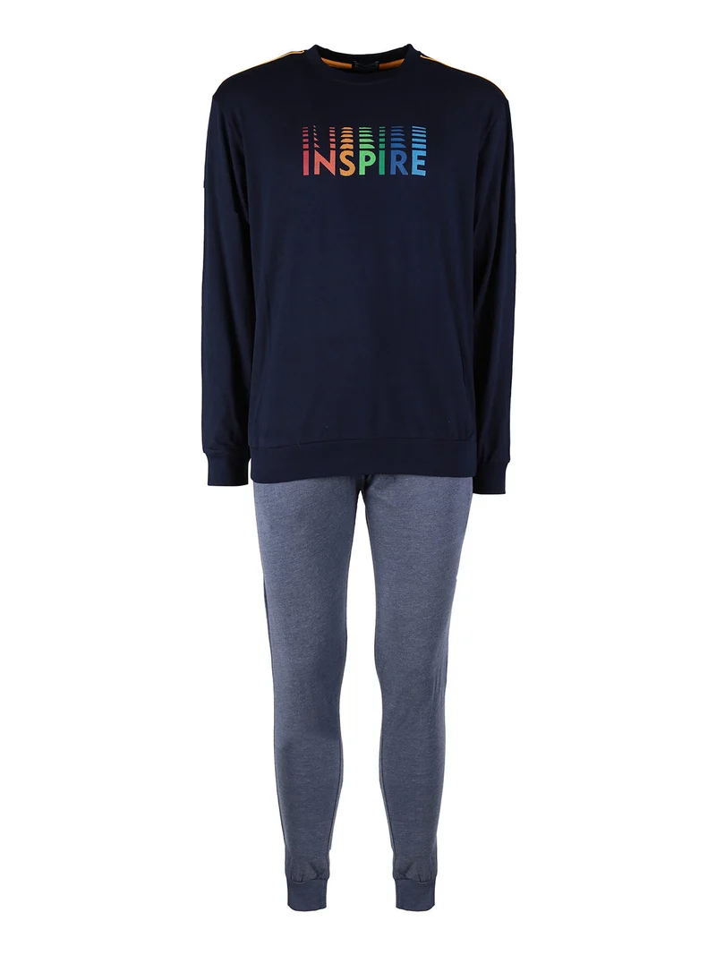 Pigiama lungo da uomo in misto cotone jersey - blu scuro
