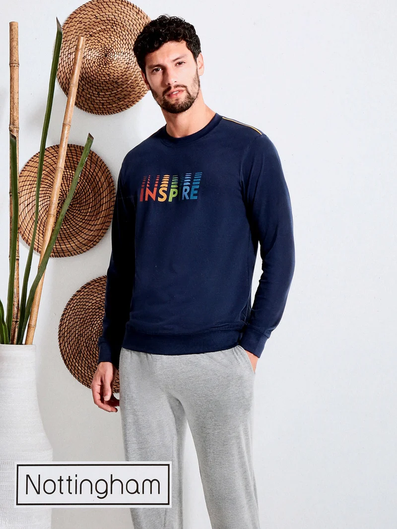 Pigiama lungo da uomo in misto cotone jersey - blu scuro