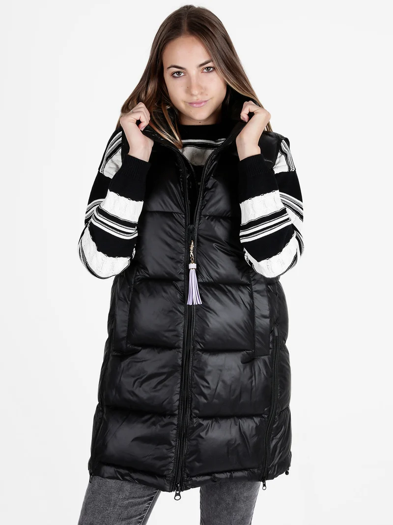 Gilet donna lungo trapuntato con cappuccio - nero