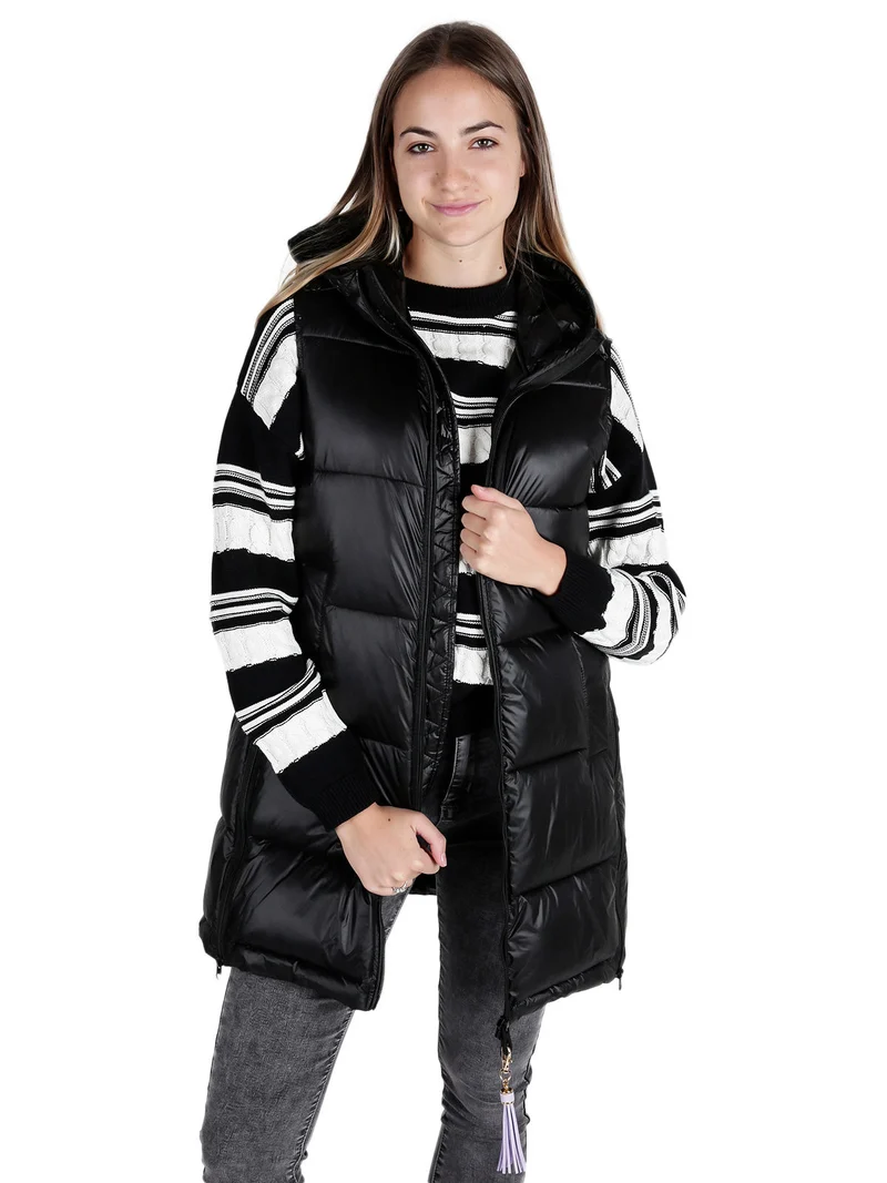 Gilet donna lungo trapuntato con cappuccio - nero