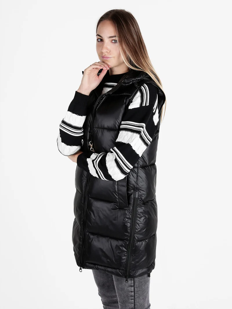 Gilet donna lungo trapuntato con cappuccio - nero