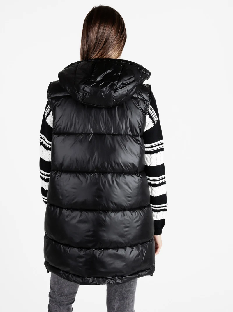 Gilet donna lungo trapuntato con cappuccio - nero