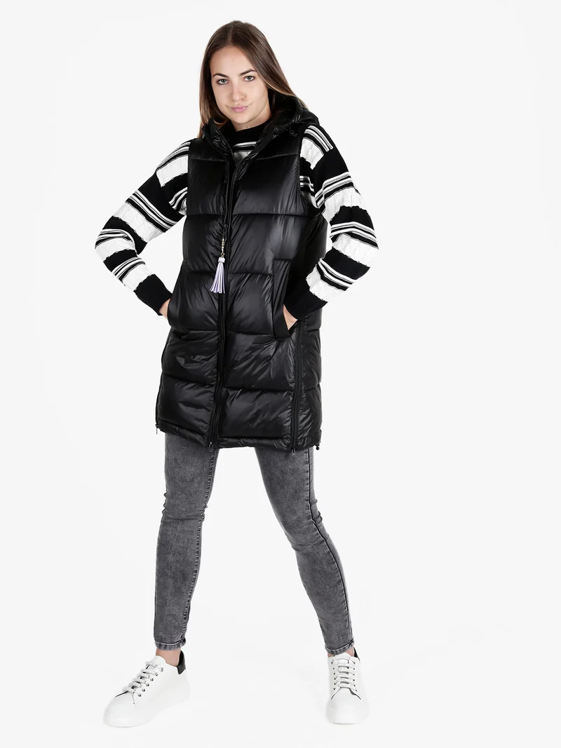 Gilet donna lungo trapuntato con cappuccio - nero