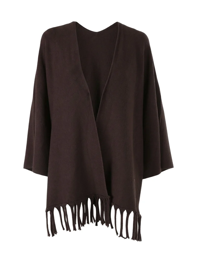 Cardigan aperto da donna in maglia con maniche a campana e frange sul fondo - moro