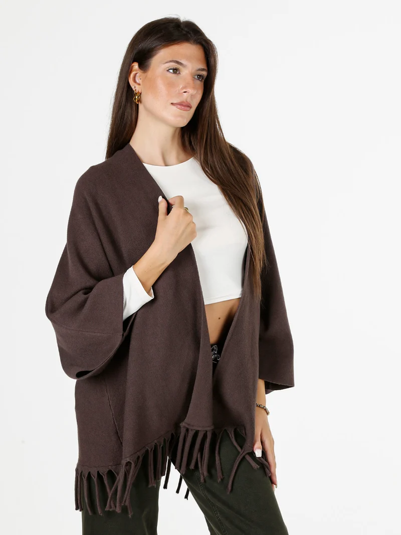 Cardigan aperto da donna in maglia con maniche a campana e frange sul fondo - moro