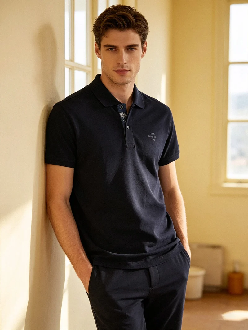 Polo da uomo in cotone a maniche corte - blu scuro