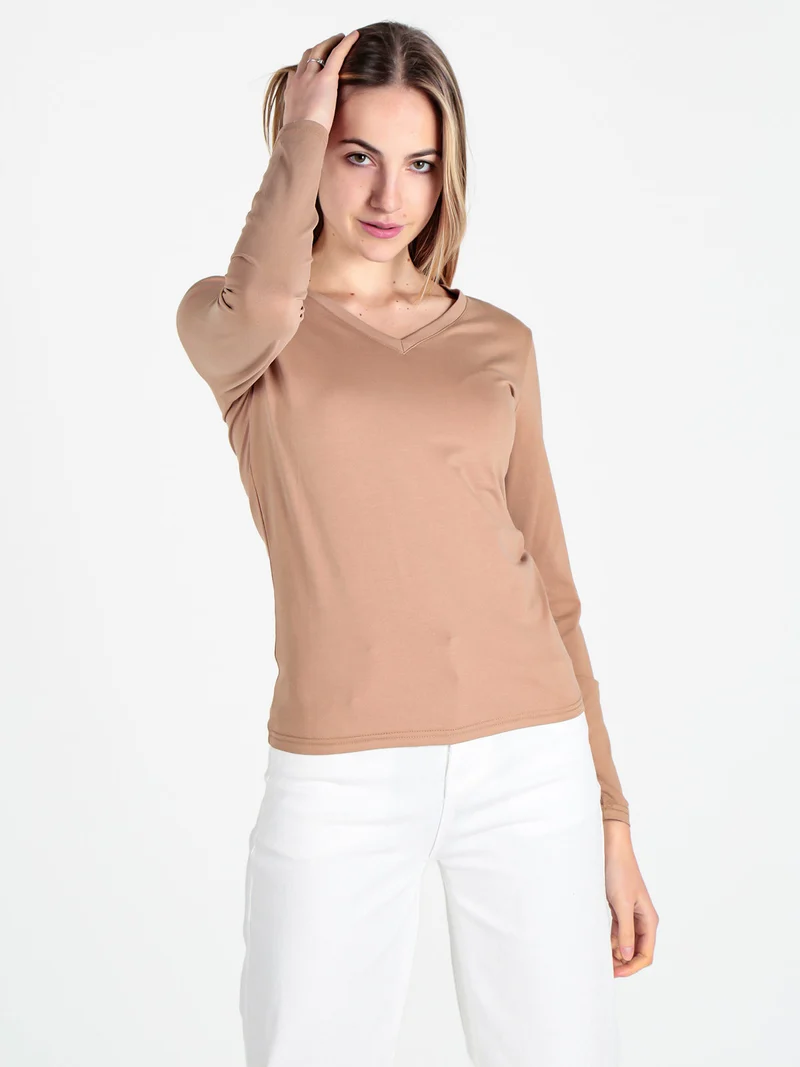 T-shirt donna a maniche lunghe con scollo V - khaki