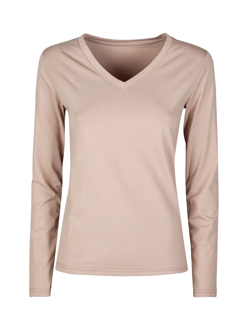 T-shirt donna a maniche lunghe con scollo V - khaki