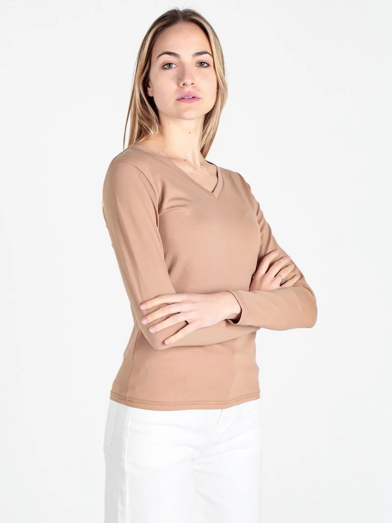 T-shirt donna a maniche lunghe con scollo V - khaki