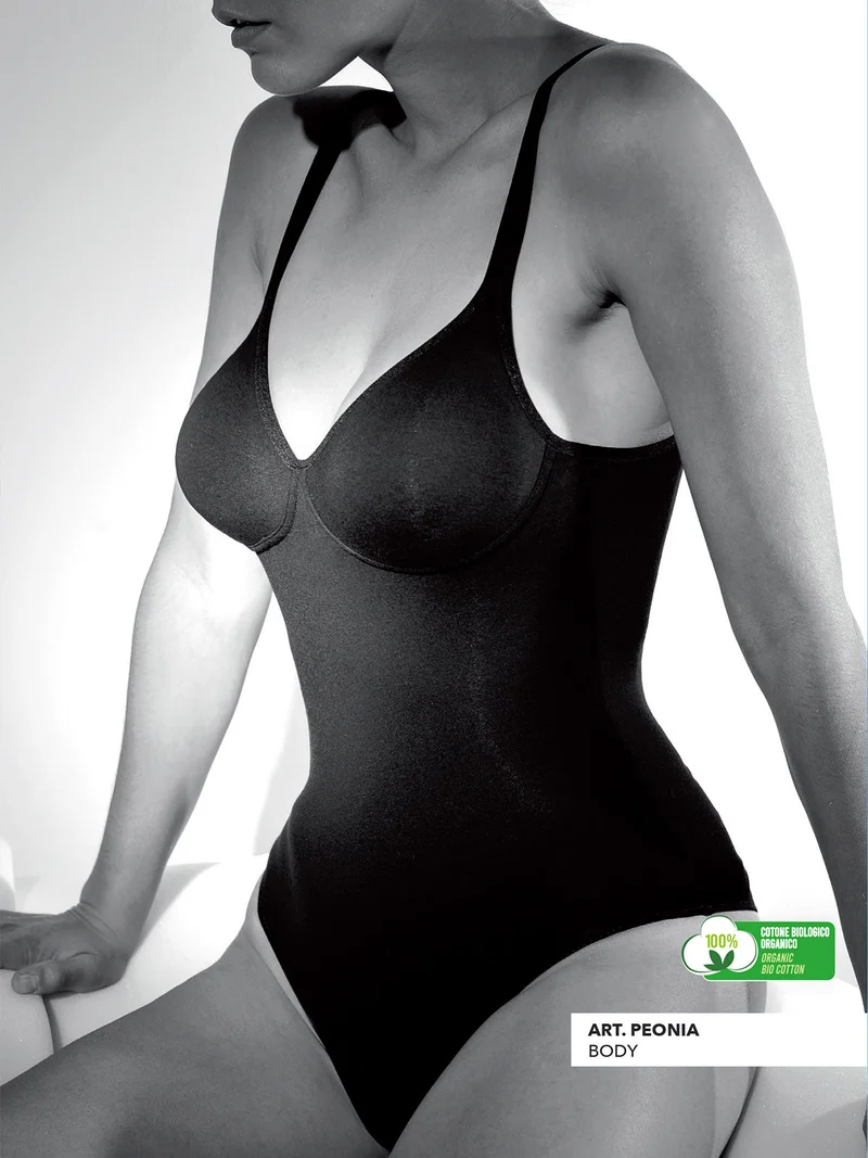 PEONIA Body donna in cotone con coppe preformate COPPA B - nero